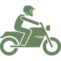 Motorcycle icon with rider in helmet.